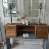 Console made with some old walnut elements. Unique smoky green piece.
