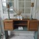 Console made with some old walnut elements. Unique smoky green piece.