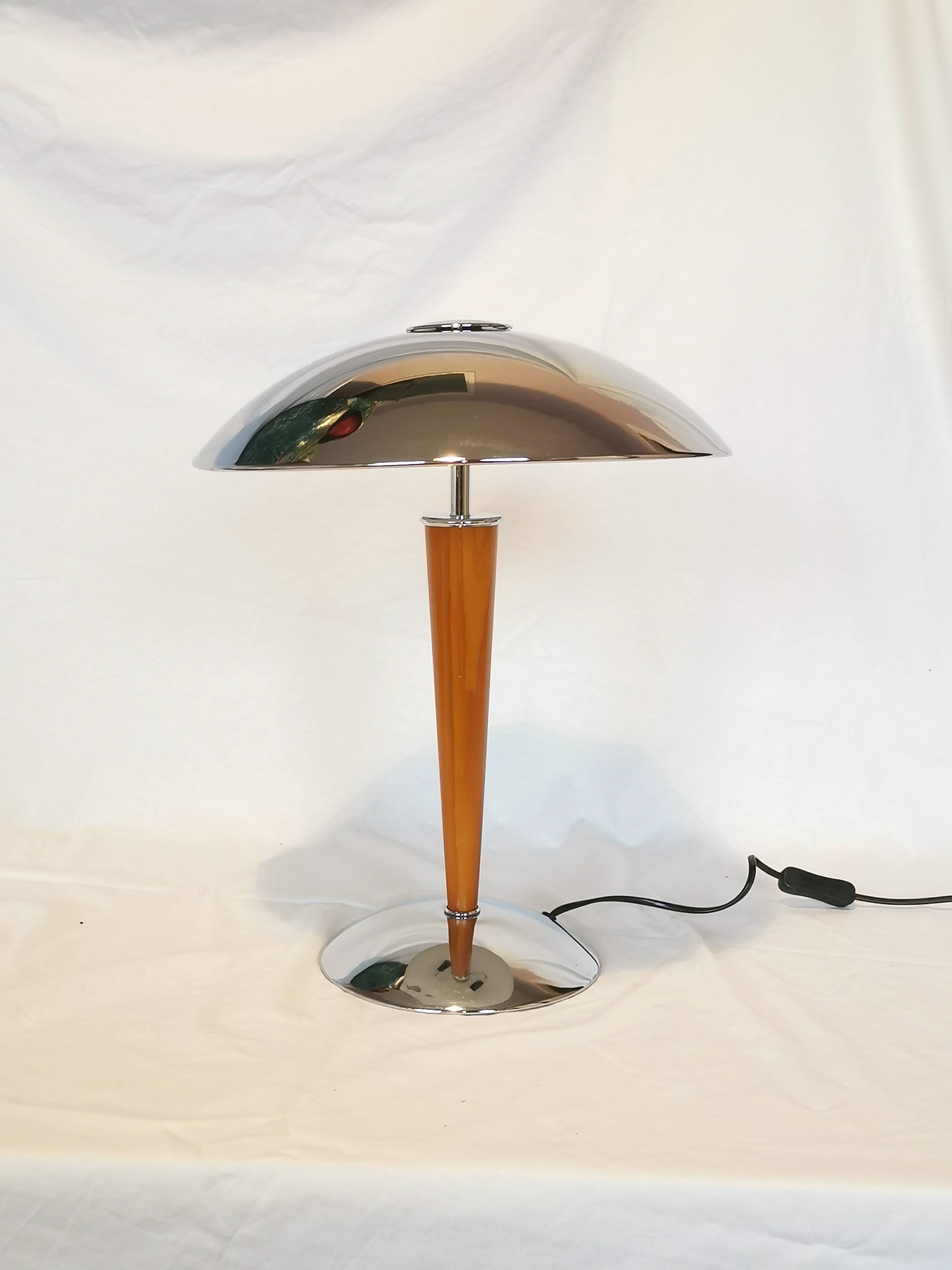 Large double bulb liner lamp, chrome and wood, 1980