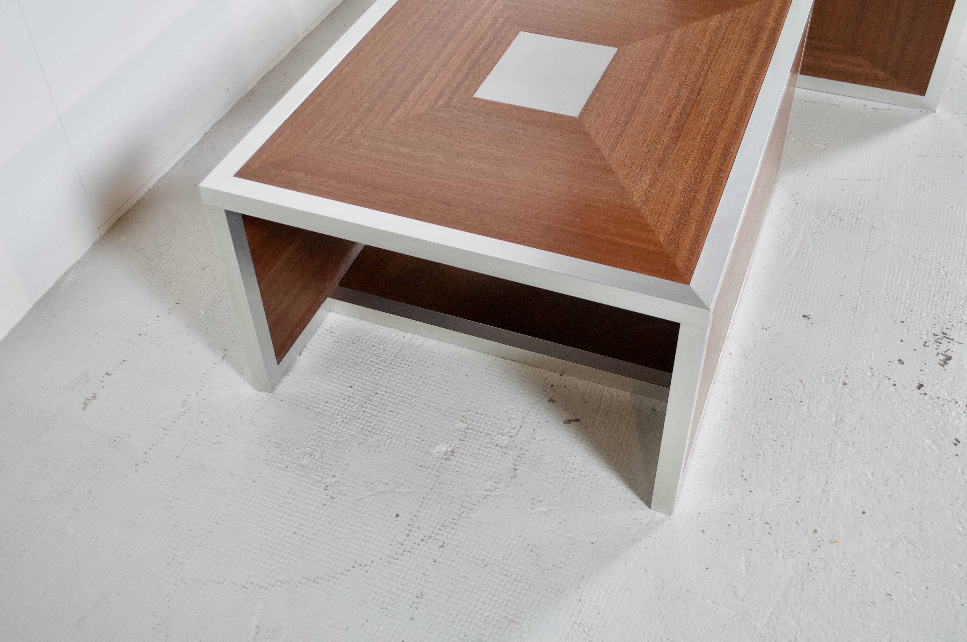 Pair of 70's aluminum and mahogany coffee/sofa end tables