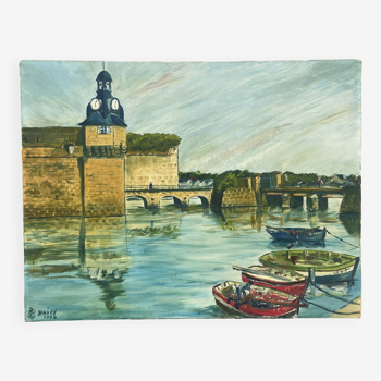 Tableau huile sur toile, marine port breton concarneau? signé briey 1974