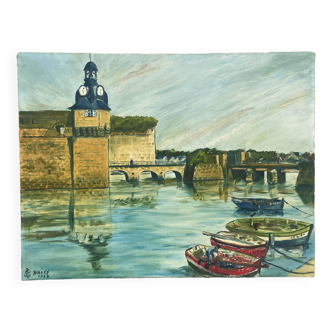 Tableau huile sur toile, marine port breton concarneau? signé briey 1974