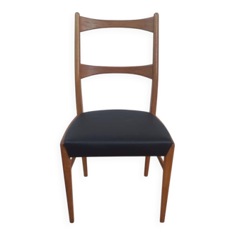 Vintage Danish teak chair – black faux leather seat (1960s)