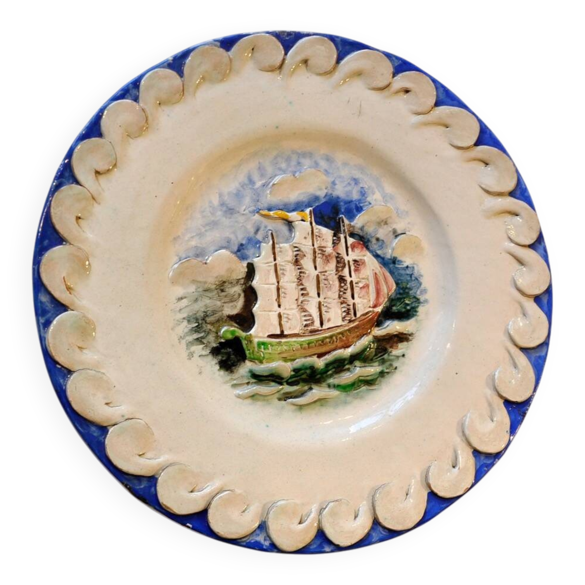 Ceramic dish signed Marc Roussel representing a sailboat, 20th century period