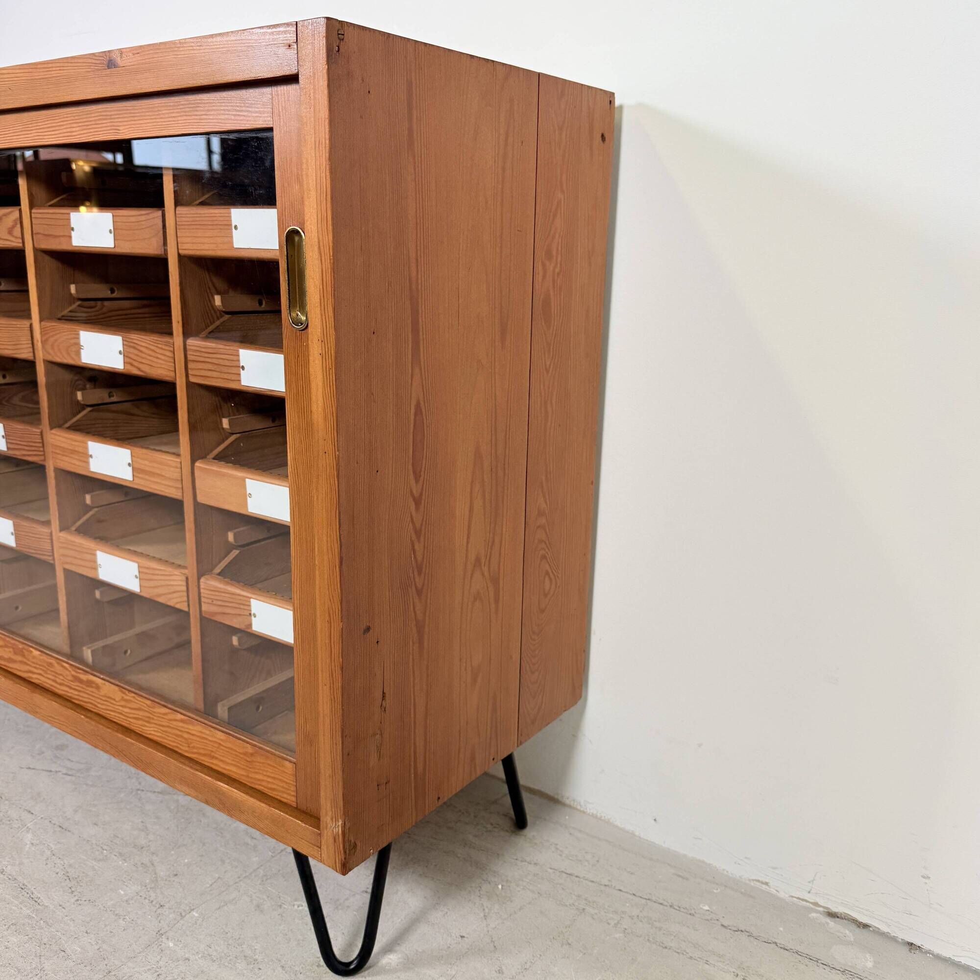 Vintage German Pine Sideboard / Sorting Cabinet with 24 Drawers & Glass Sli