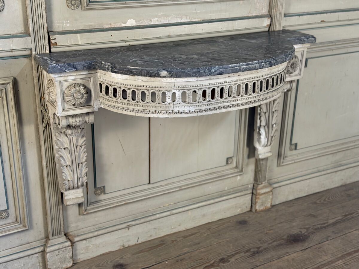 Louis XVI wall console in carved wood, grey patina, 18th century.