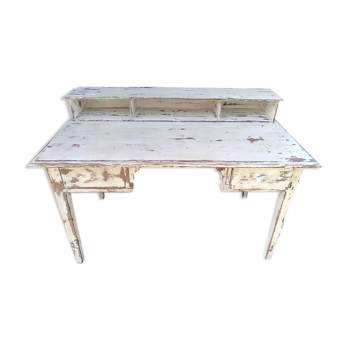 Large wooden desk with patinated bleacher