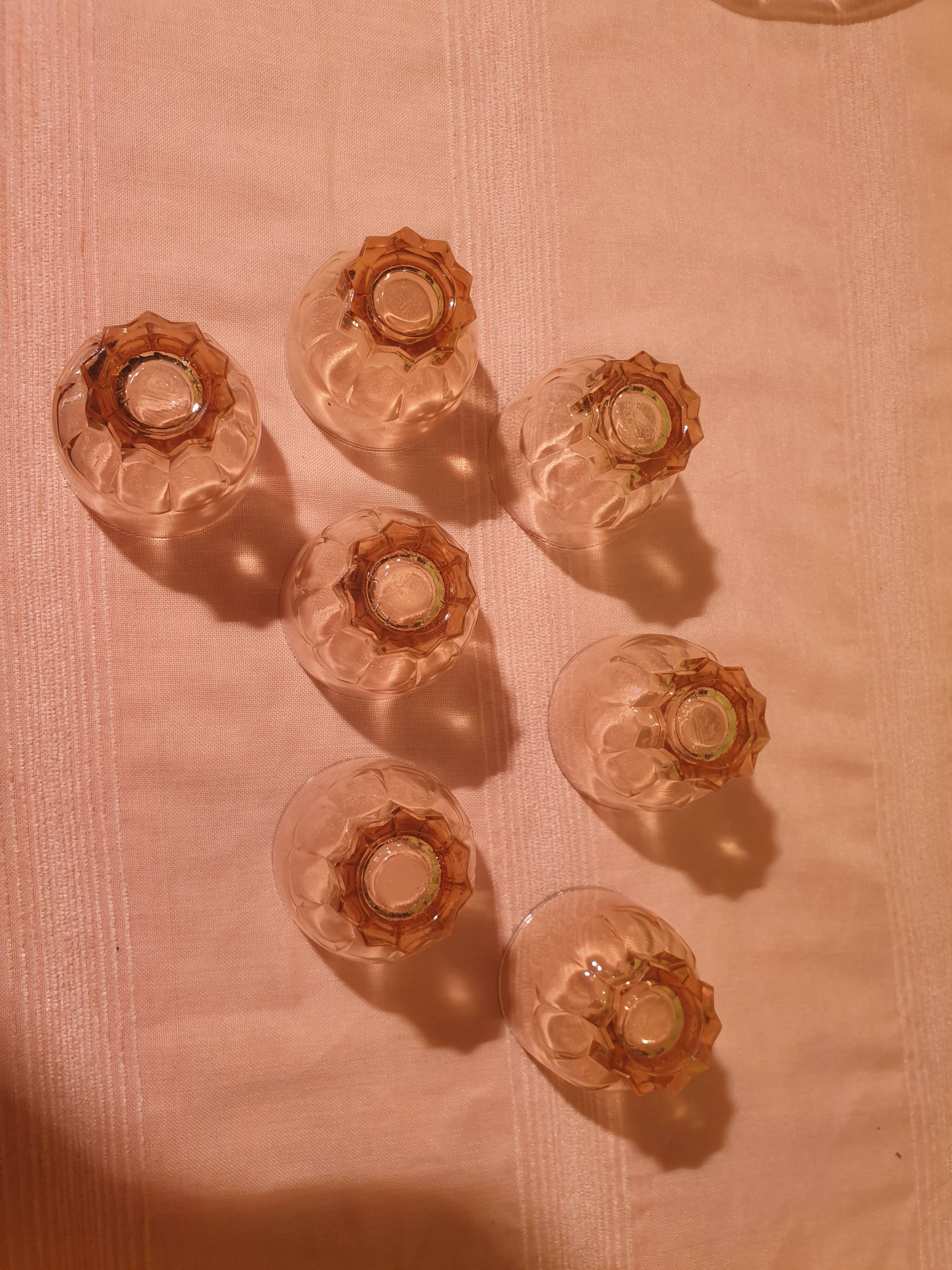 Art Deco pink glass tray and 7 glasses Made in France