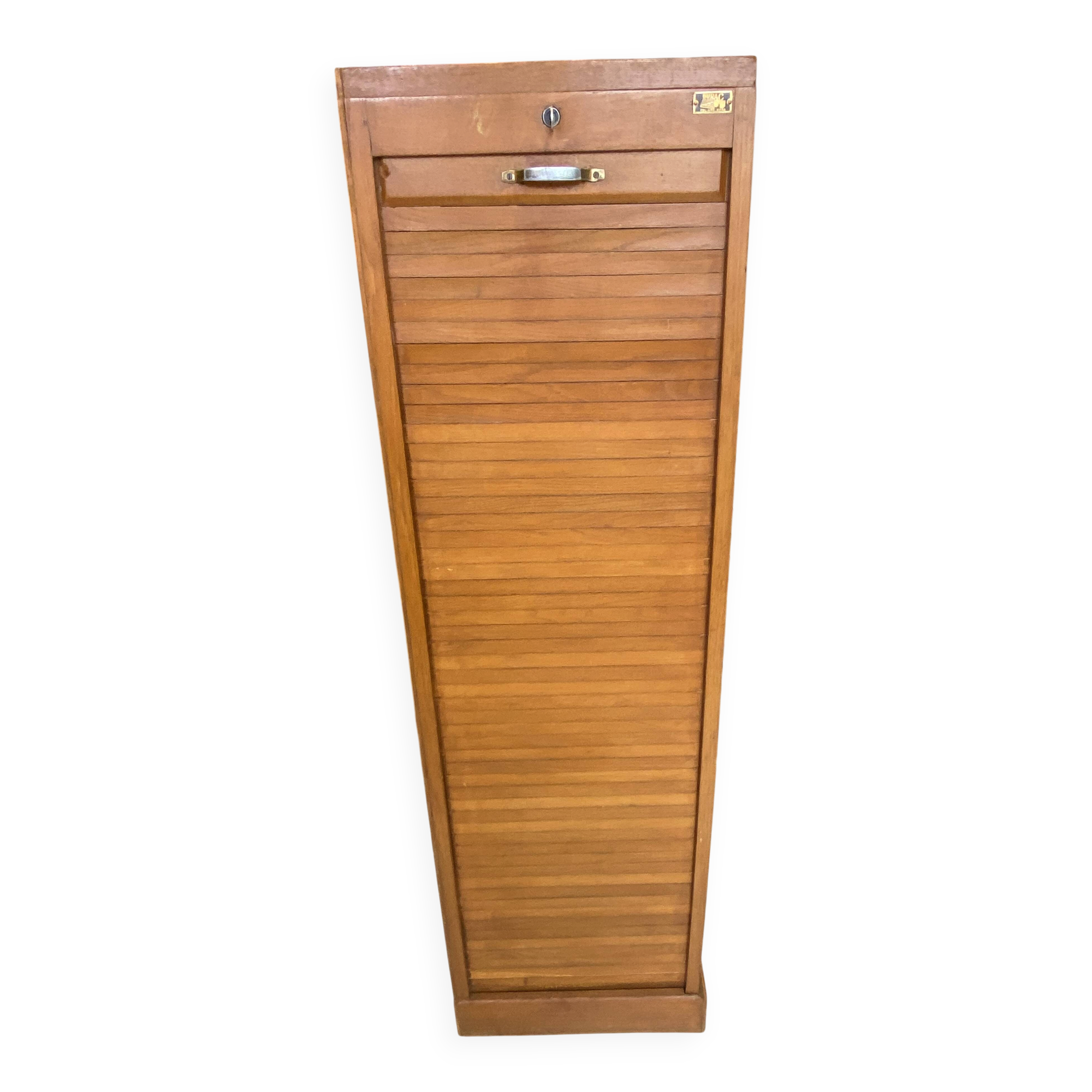 1950s oak office storage cabinet with curtains.