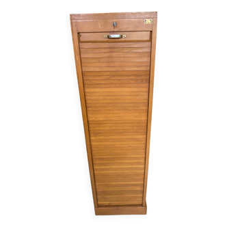 1950s oak office storage cabinet with curtains.