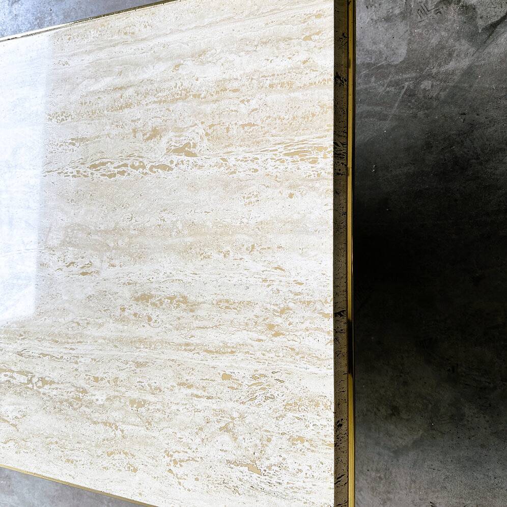 Vintage travertine coffee table with brass rim, France 1980s