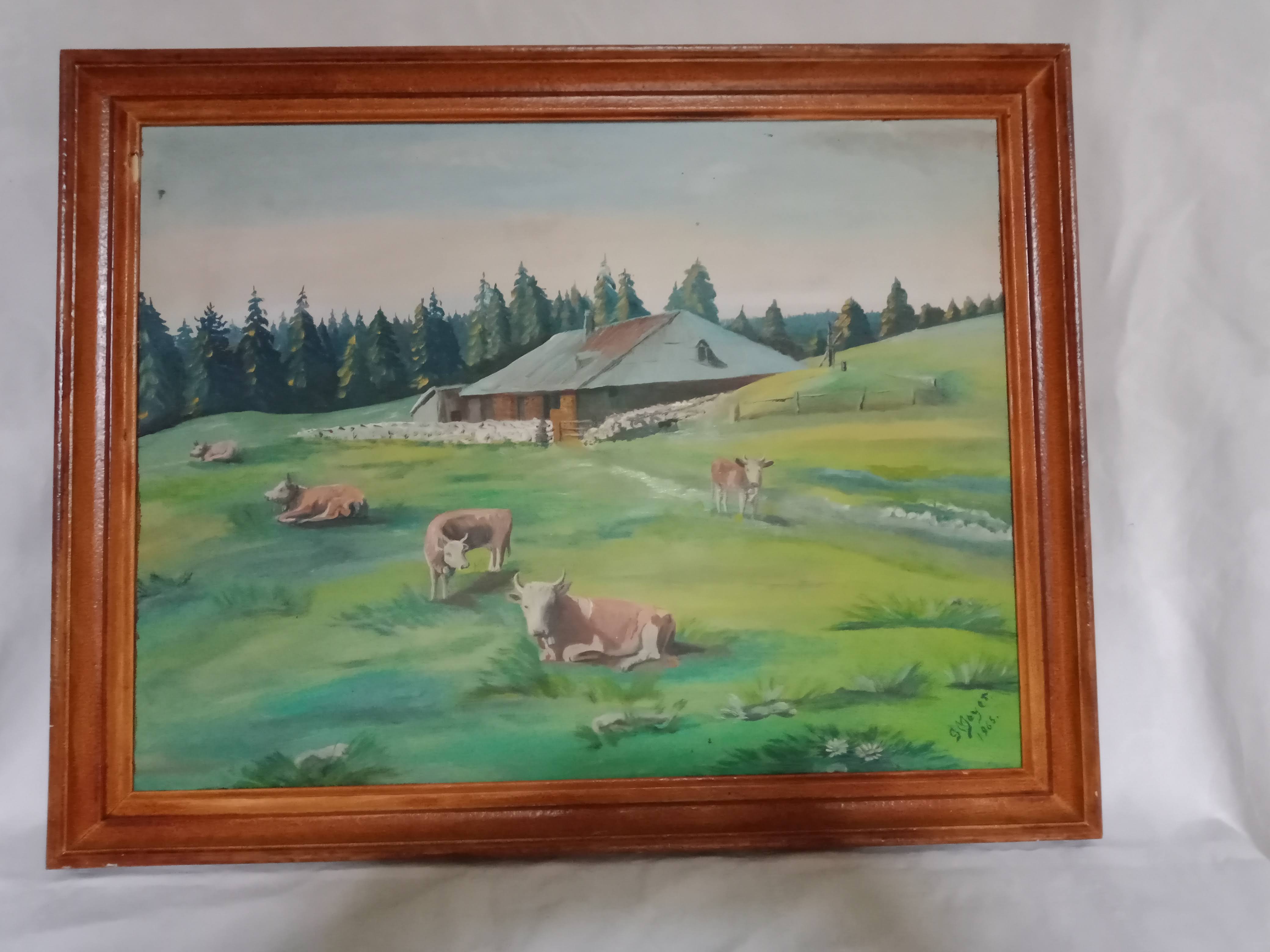 Mountain landscape painting and cows