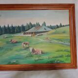 Mountain landscape painting and cows