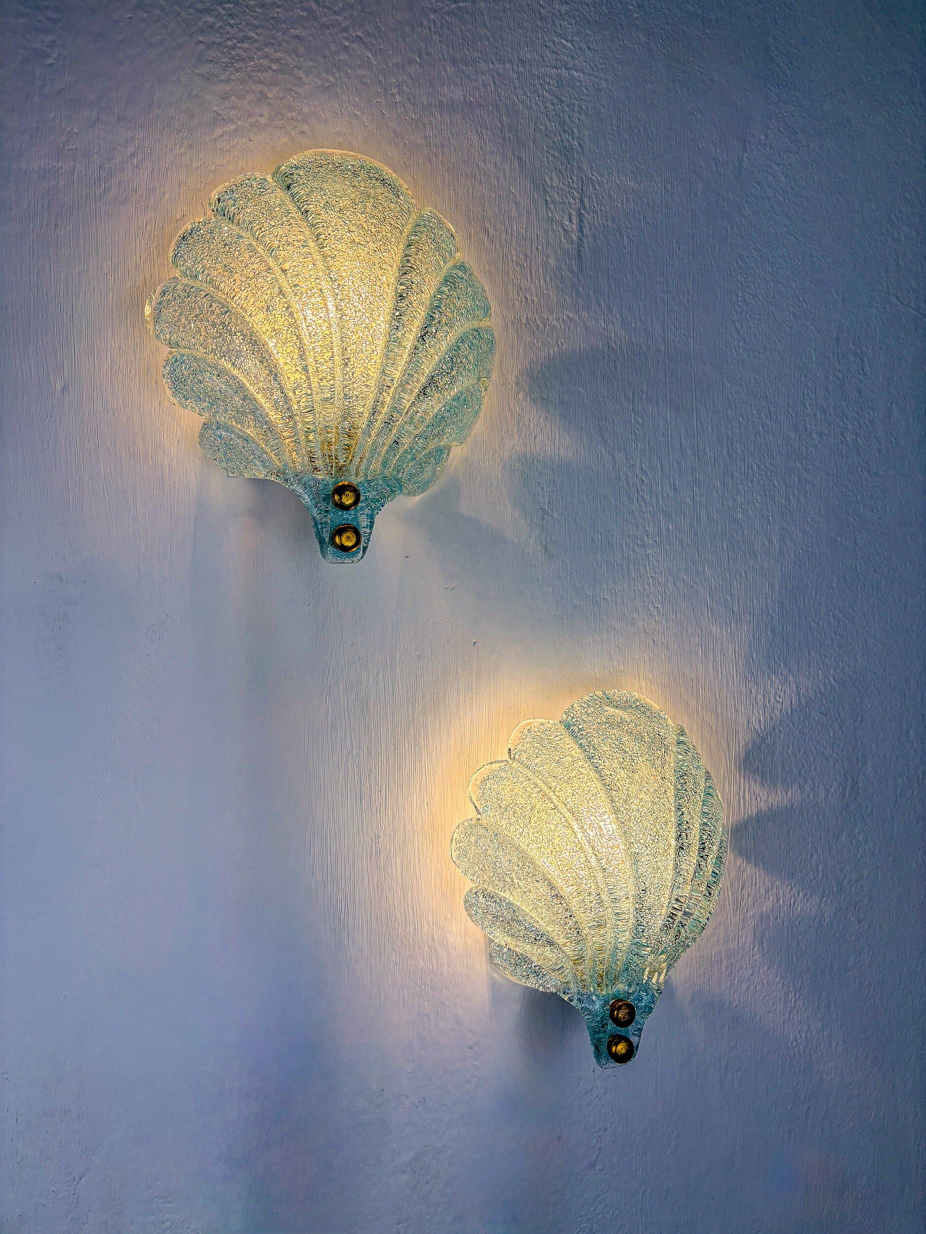 Pair of shell-shaped frosted blue Murano glass wall sconces, Italy, 1970s