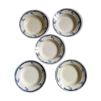 5 assiettes creuses en faïence de Longwy vintage - modèle Tunis