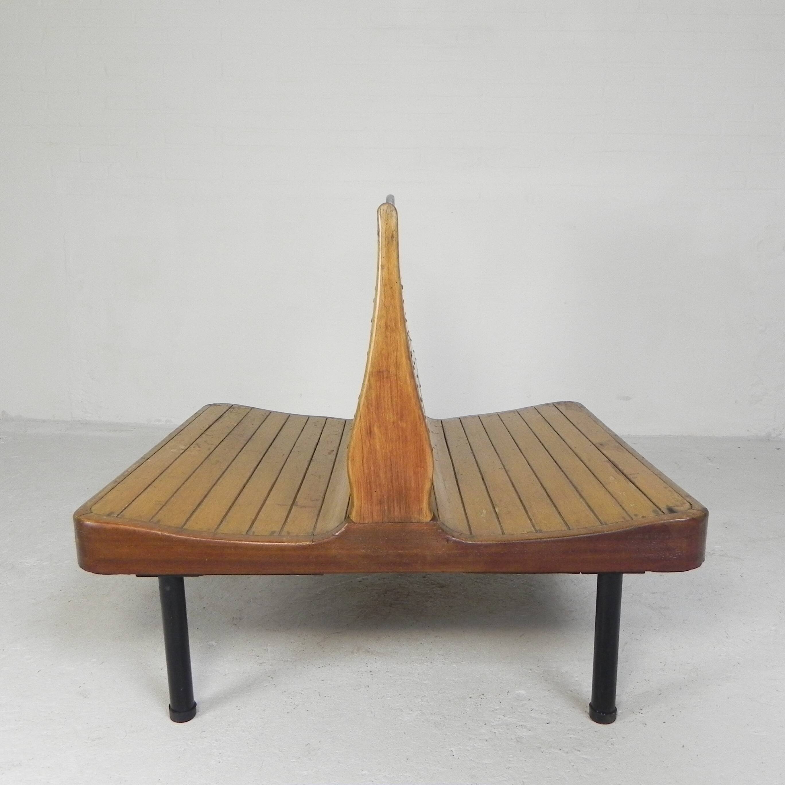 Banc de train en teck double face, années 1930