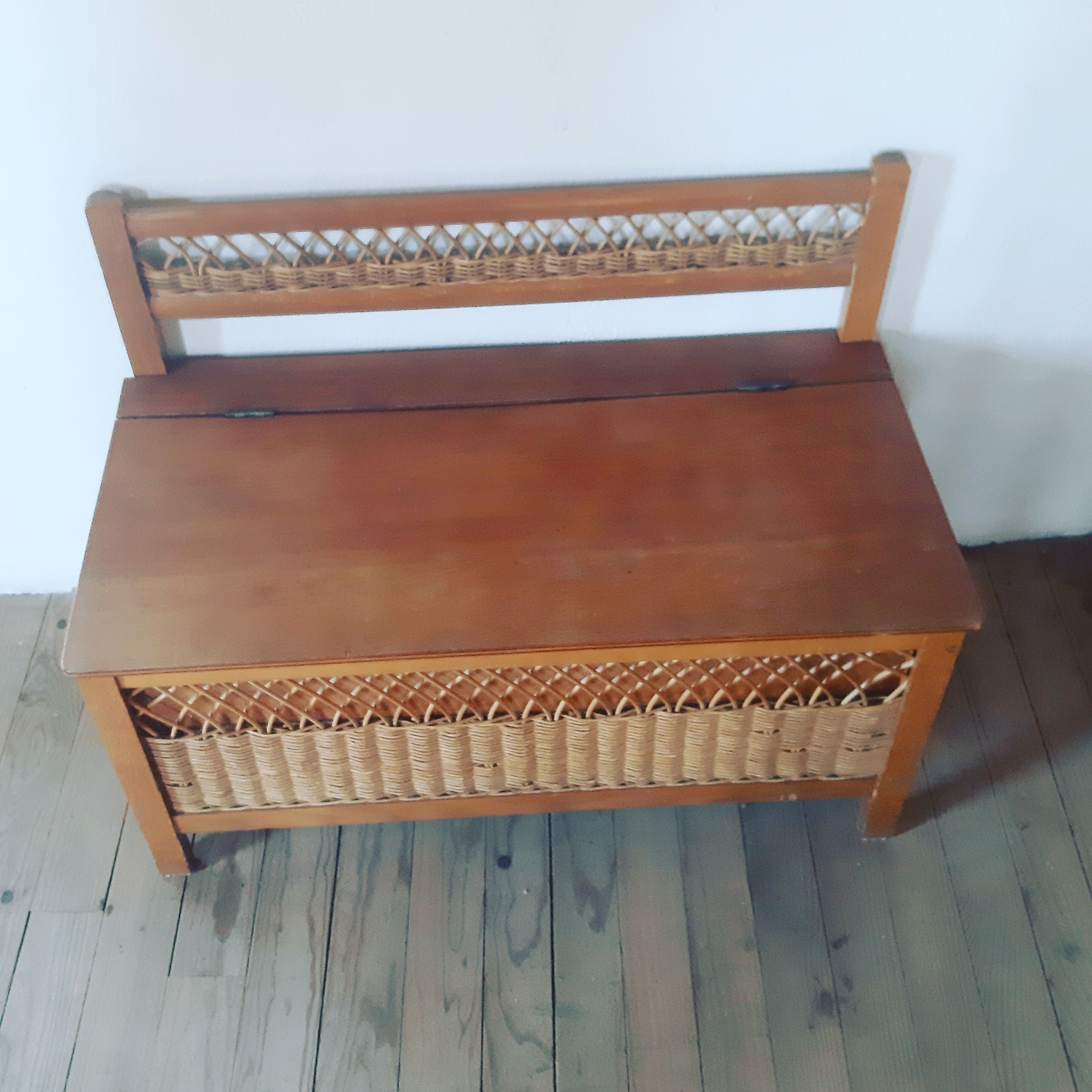 Vintage wooden and wicker bench and storage chest