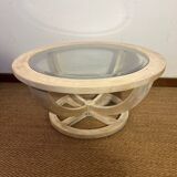 Oval patinated wood and beveled glass coffee table