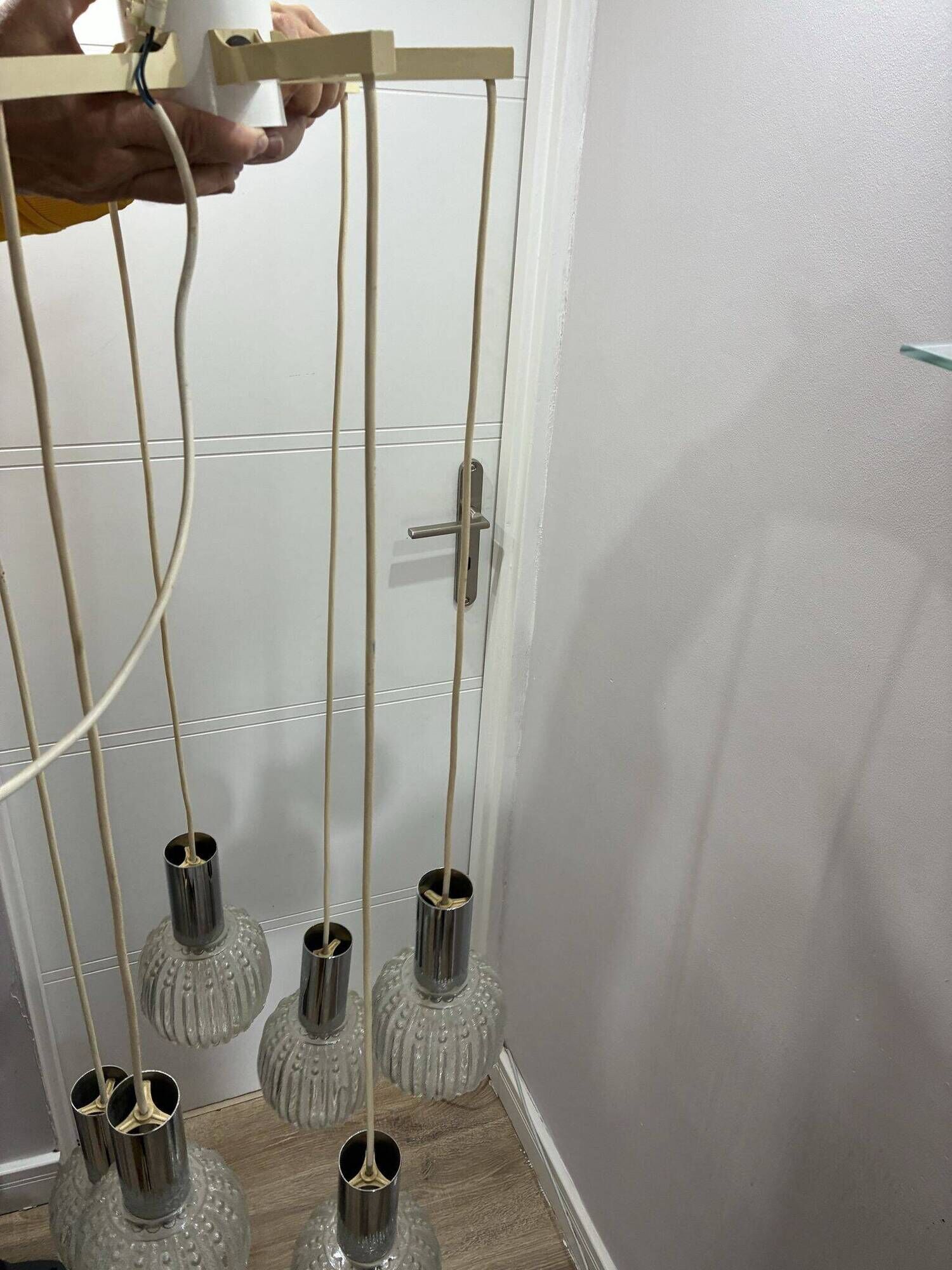 Sölken Leuchten cascade pendant lamp, textured glass and chrome, 1970s