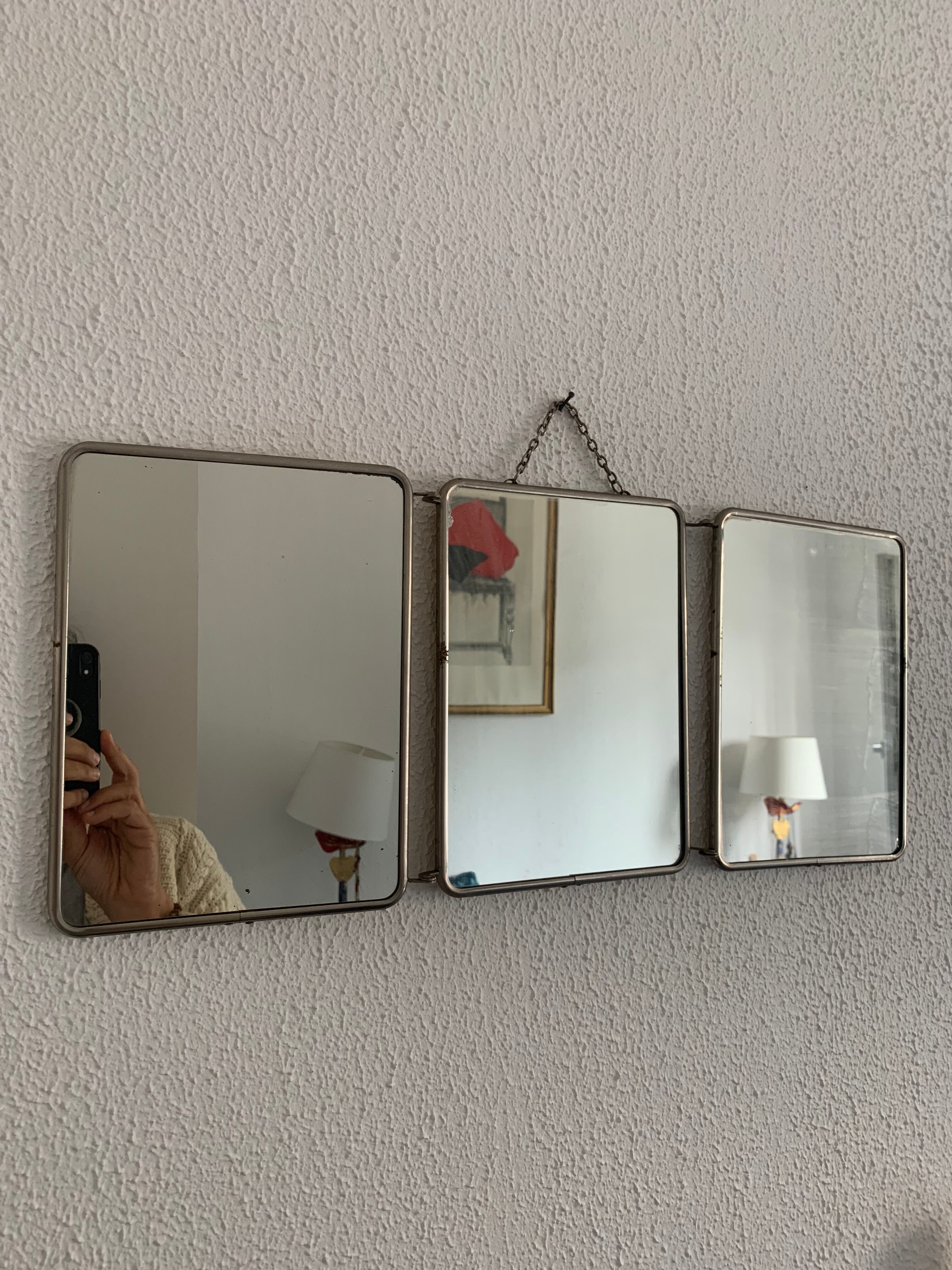 Vintage mirror 1960 triptych ivory barber - 24 x 58 cm