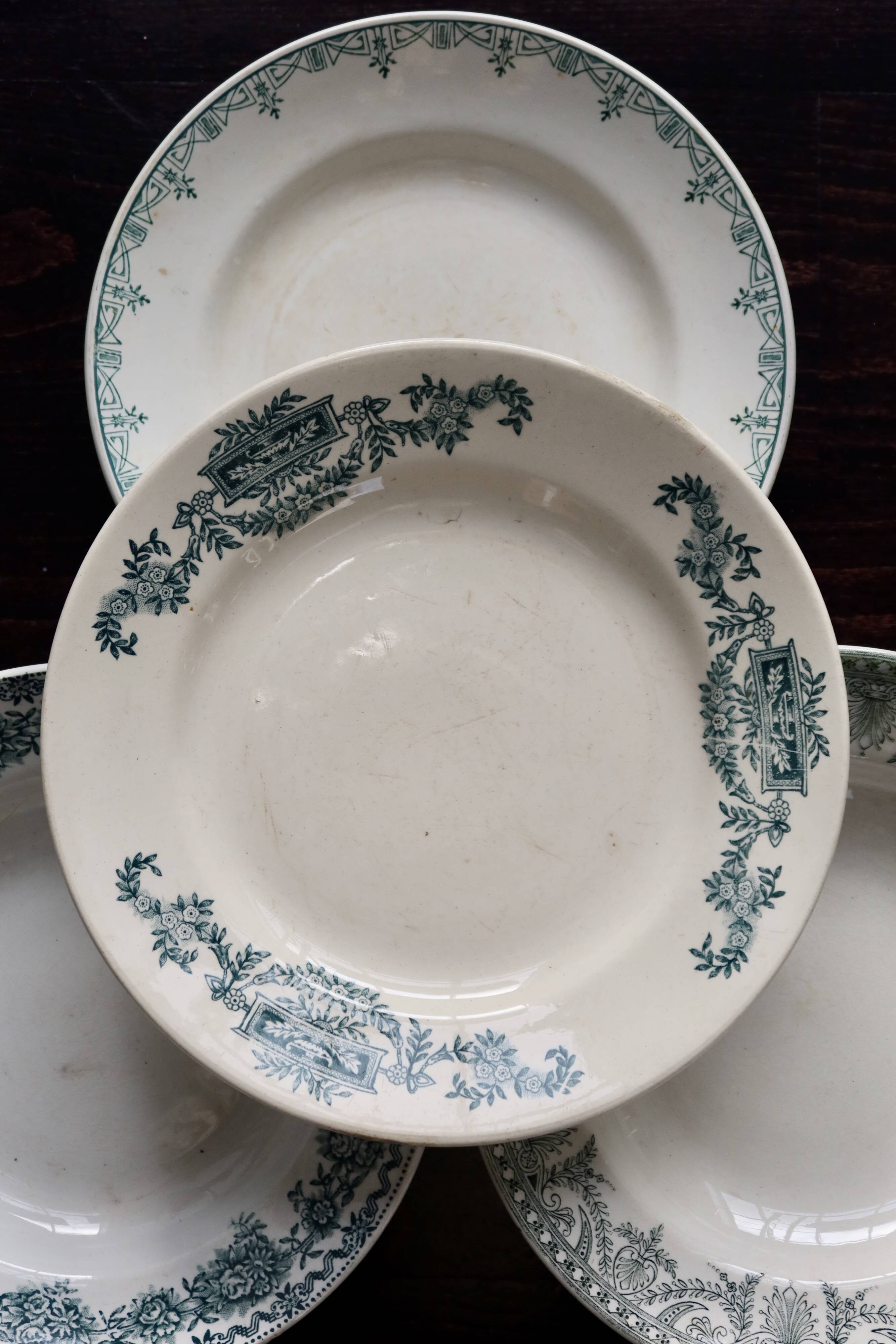 Mismatched vintage half-soup plates in ironstone - Green decor