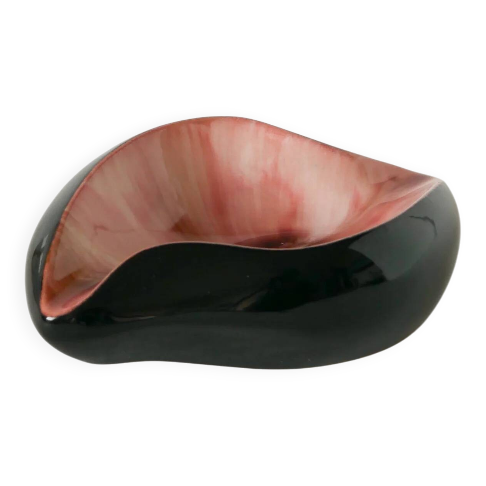 Ceramic catchall, free form, black and pink, 1970.