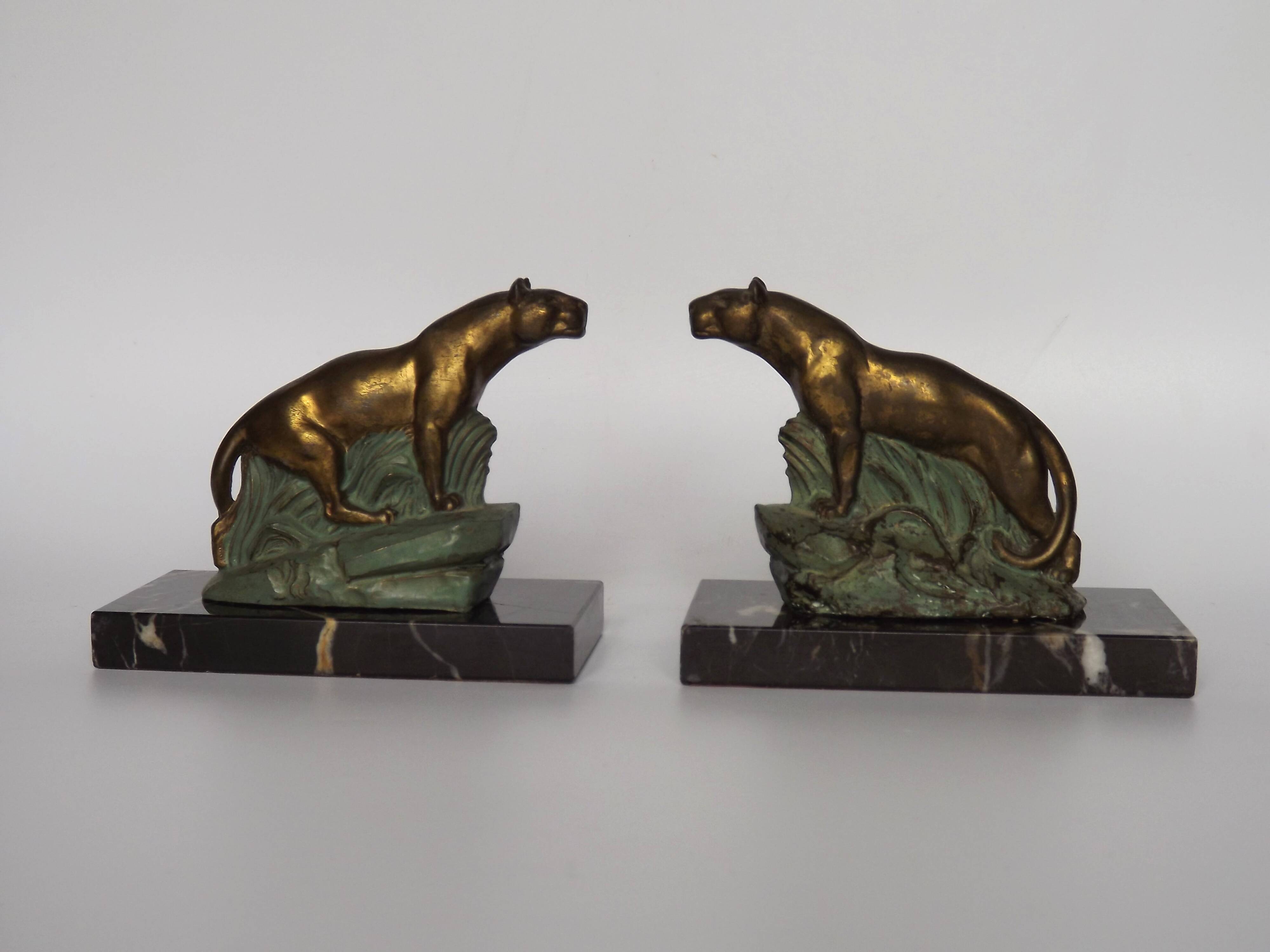 Vintage French Art Deco Panther Book Ends - Marble and Metal Bookends