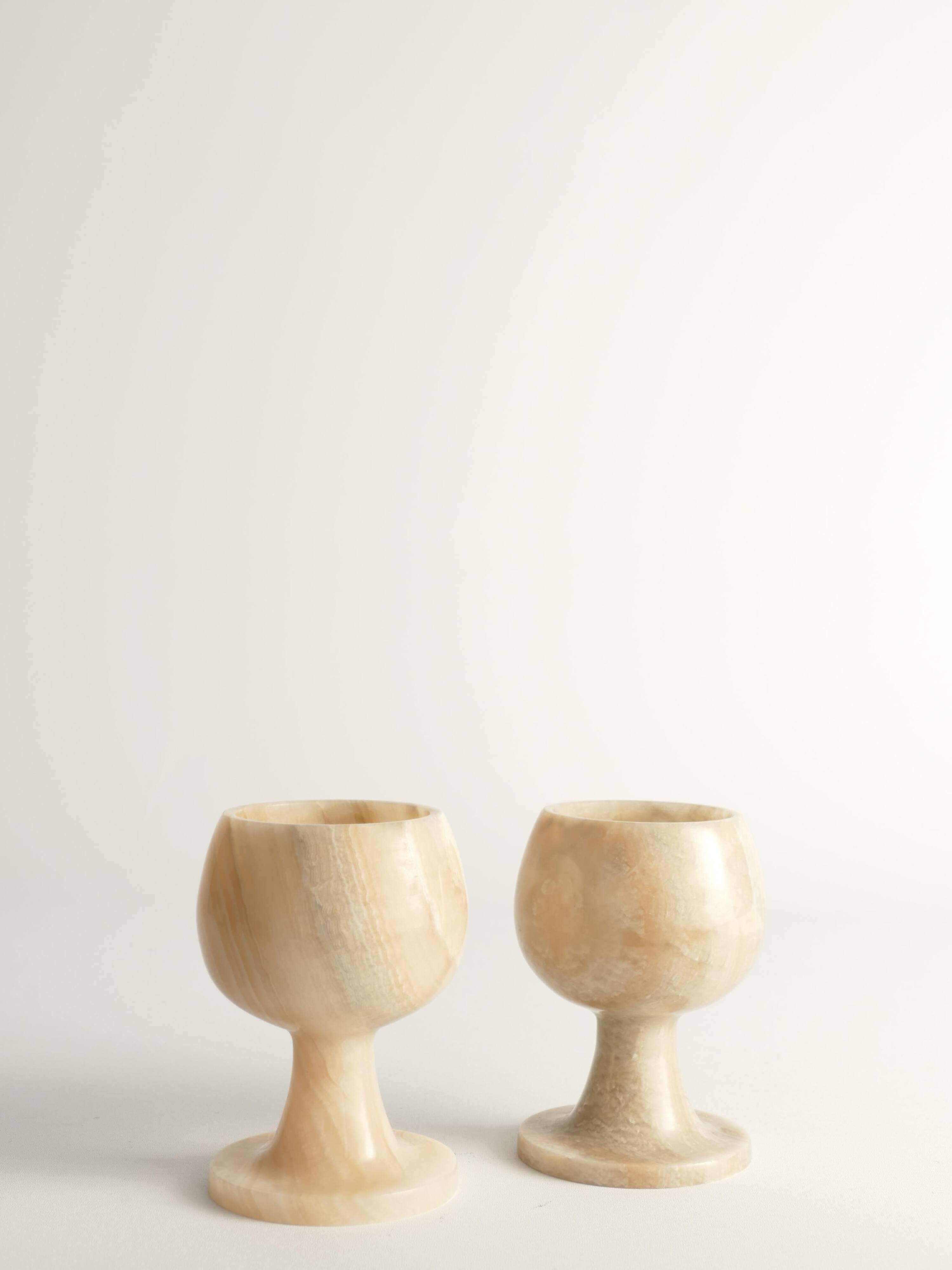 Hand Turned Light Brown Onyx Goblets Candleholders, Set of 2