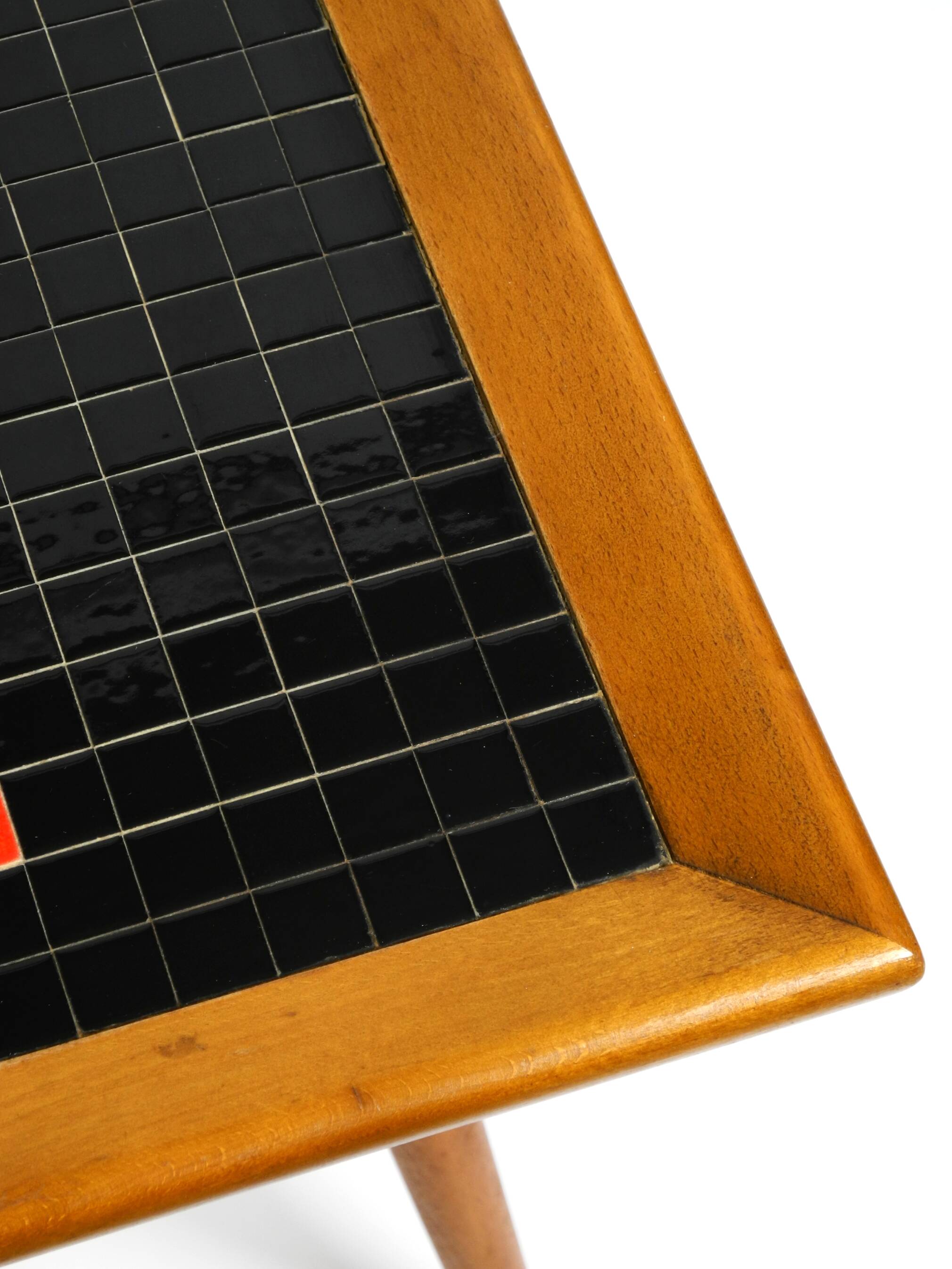 Beautiful long Mid Century walnut wood coffee table with a mosaic surface