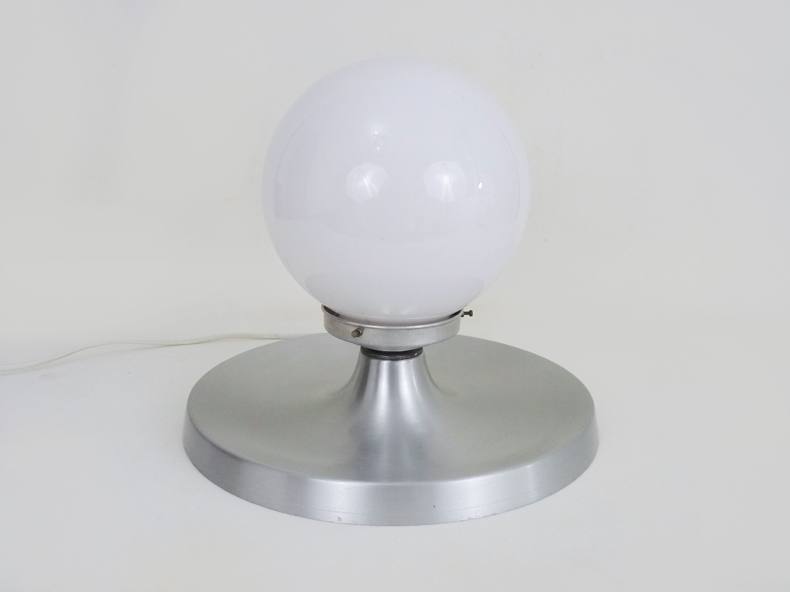 Brushed metal bedside lamp and white opaline globe, year 70