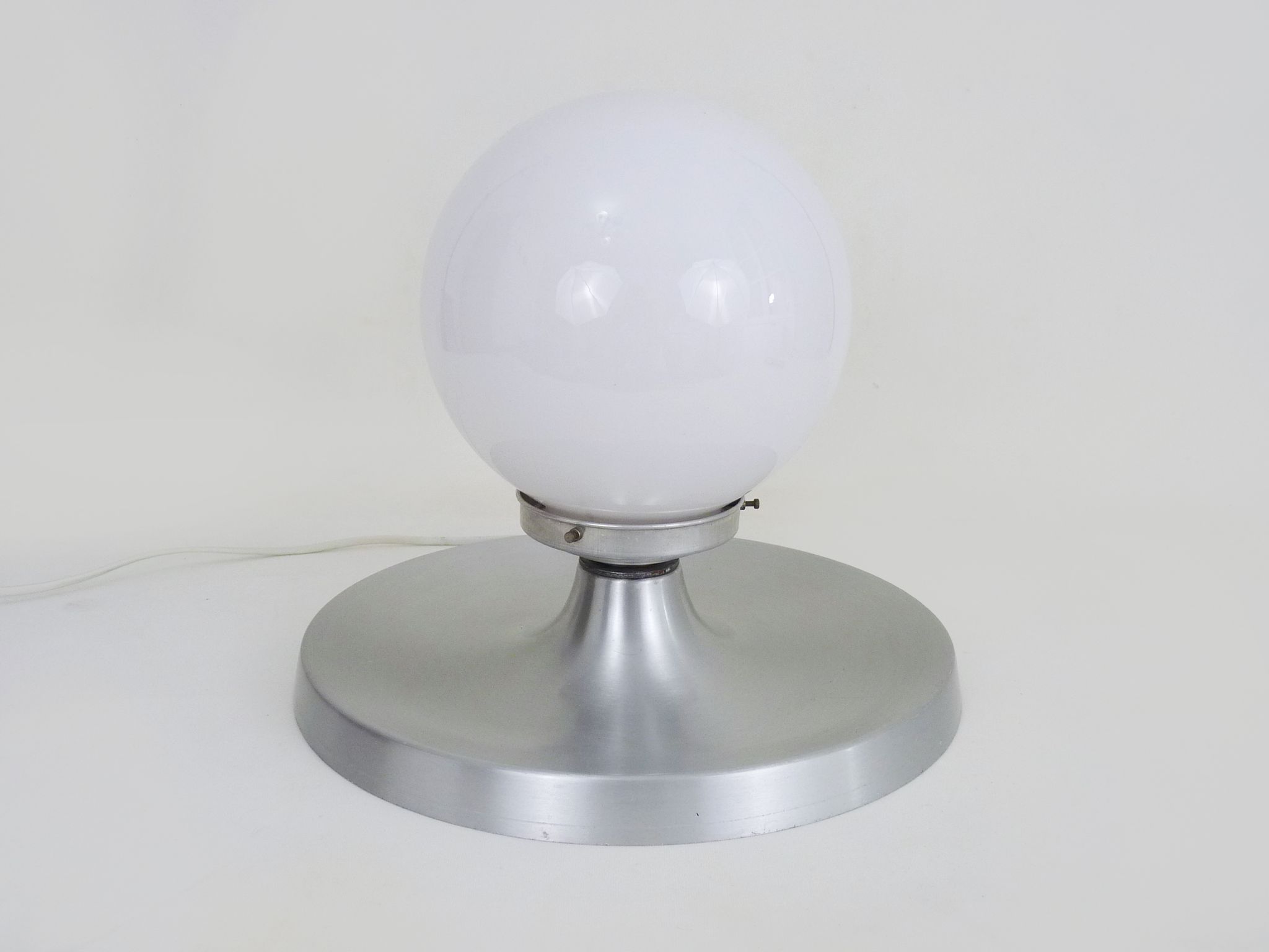Brushed metal bedside lamp and white opaline globe, year 70