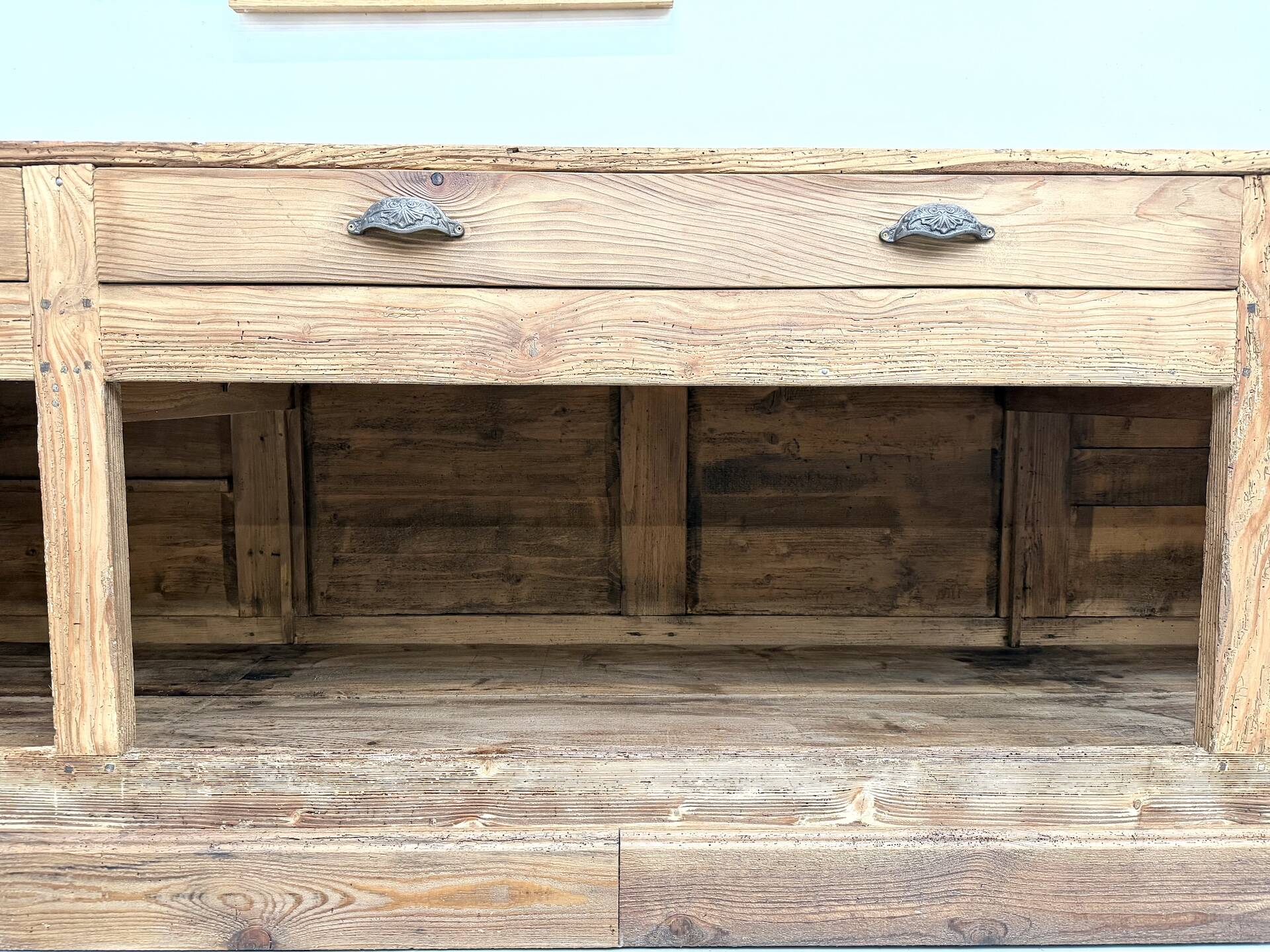 Very large pine trade counter, circa 1920.