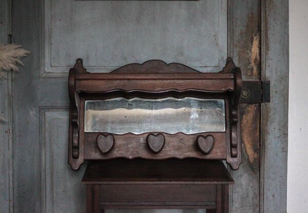 Porte-manteau bois massif avec miroir mural, porte-manteau patères coeur