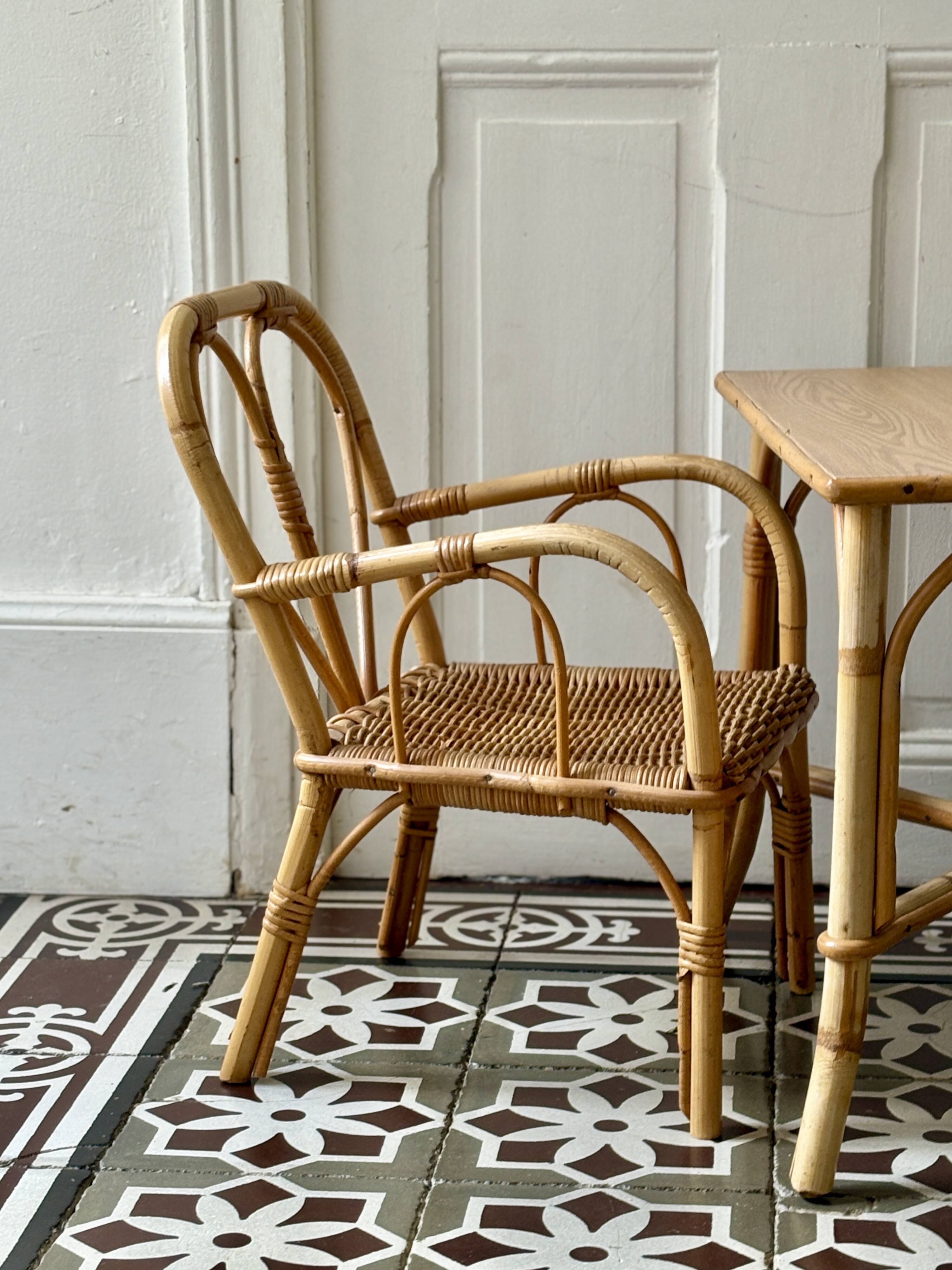 Vintage rattan desk and chair set for children