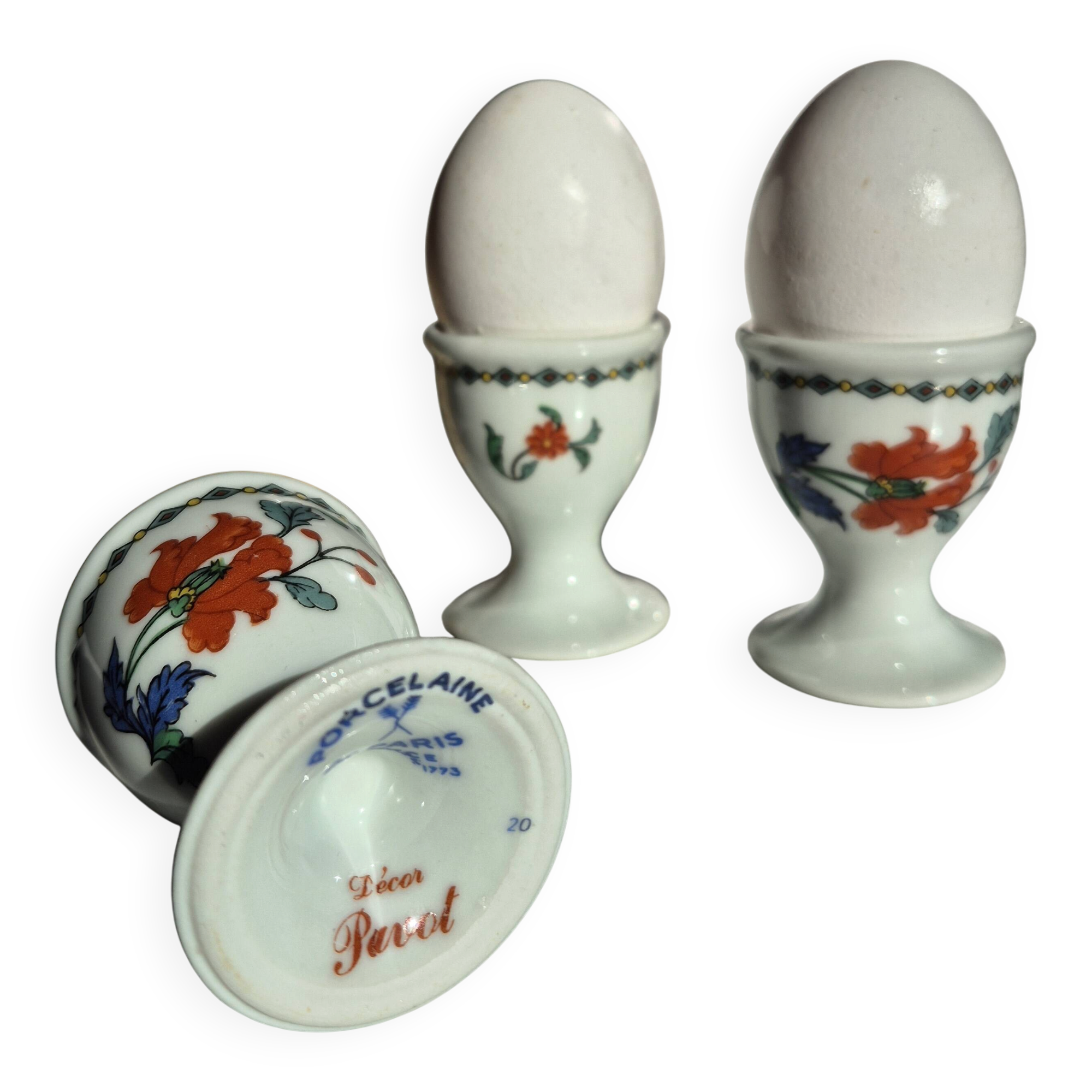 Vintage porcelain egg cup trio from Paris – Poppy & basket decor