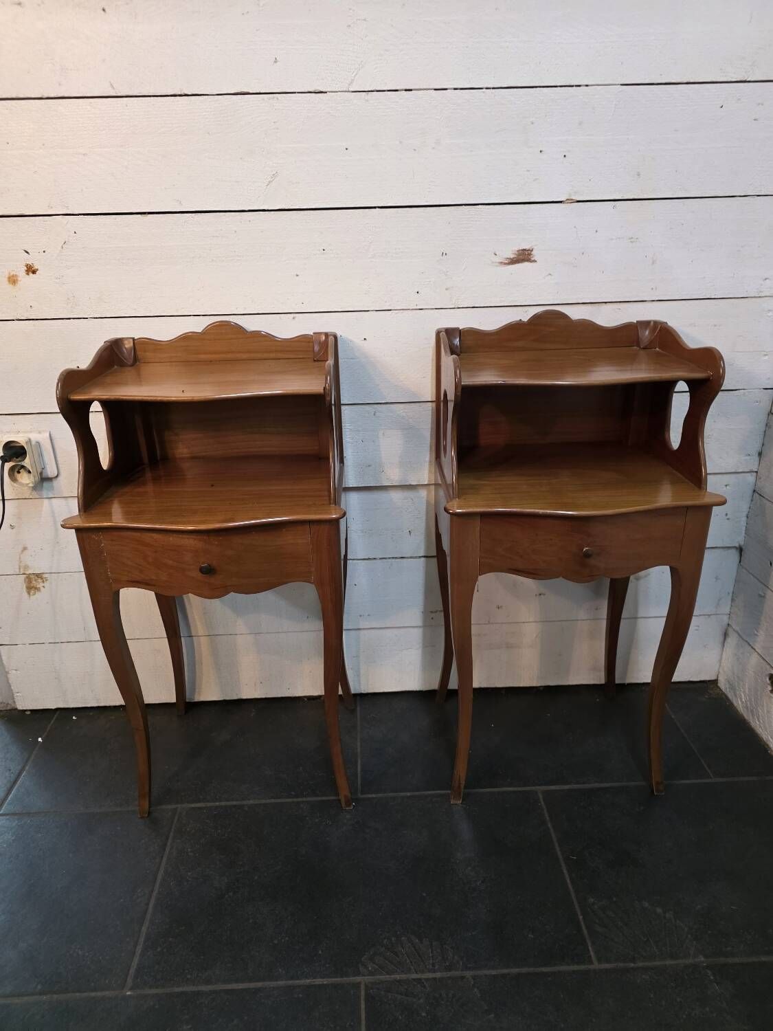Pair of Louis XV style curved bedside tables in cherry wood