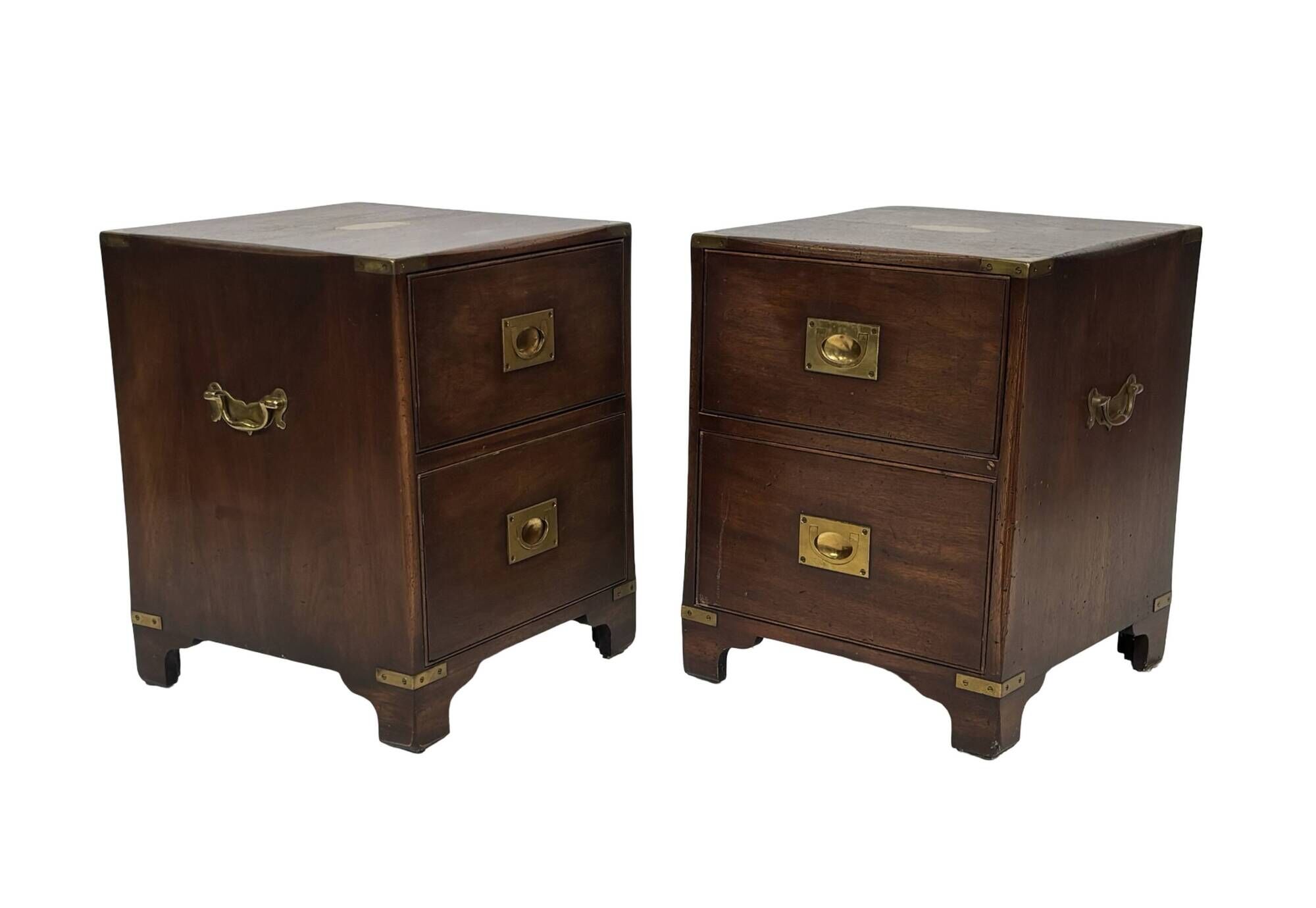 Vintage set of wooden bedside tables in military campaign style design