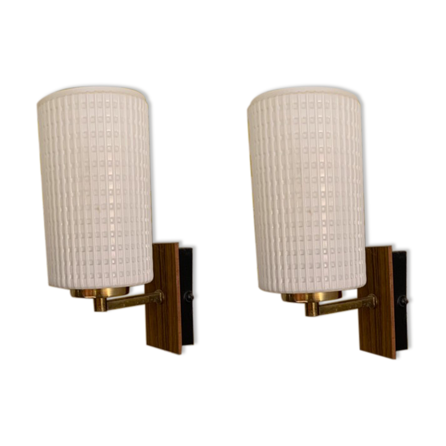 Pair of vintage sconces, opaline, brass and teak