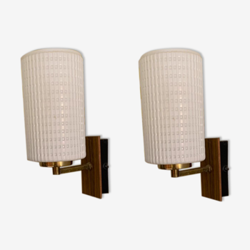 Pair of vintage sconces, opaline, brass and teak