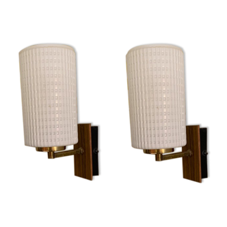 Pair of vintage sconces, opaline, brass and teak
