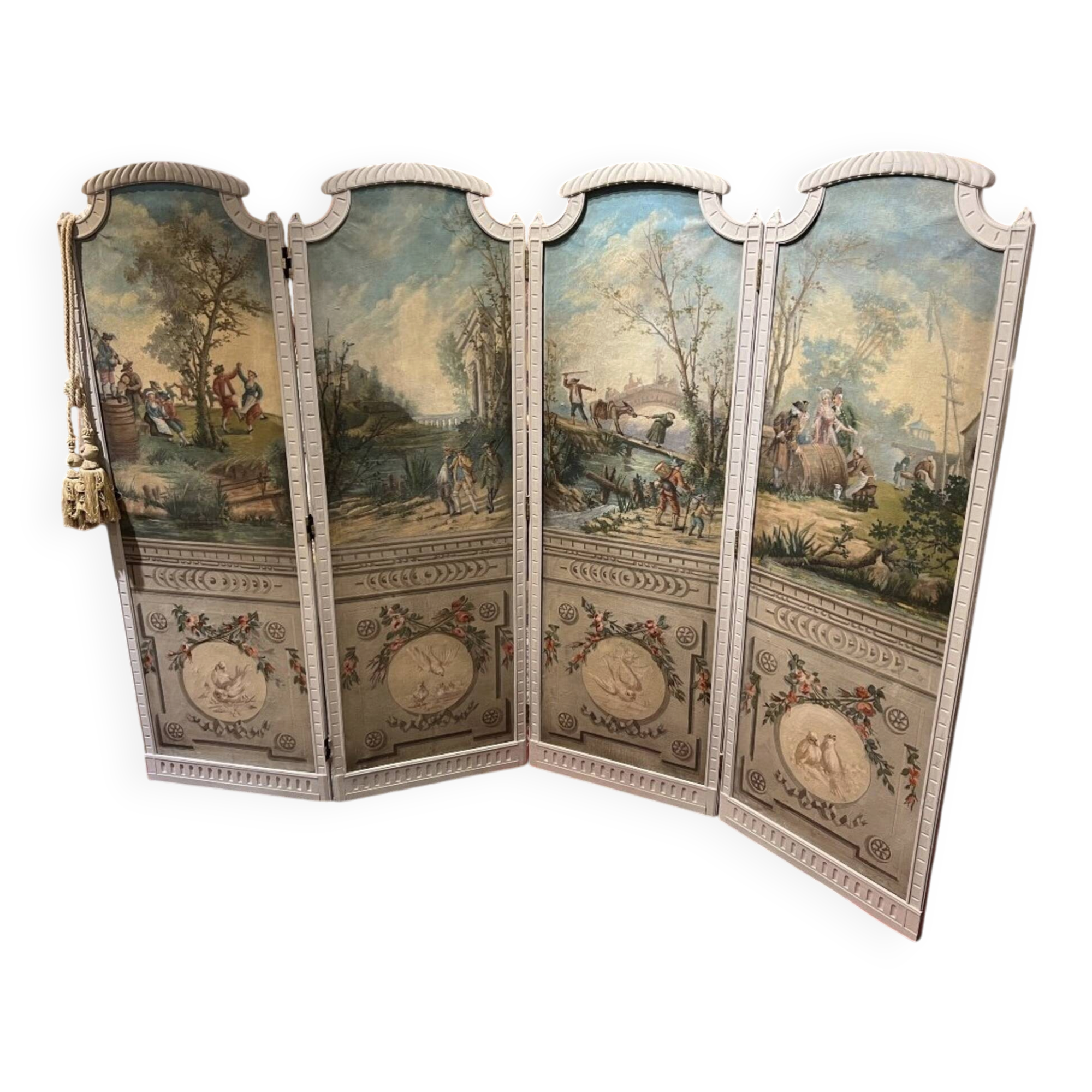 Four-panel screen from the Louis XVI period with rustic decorations.