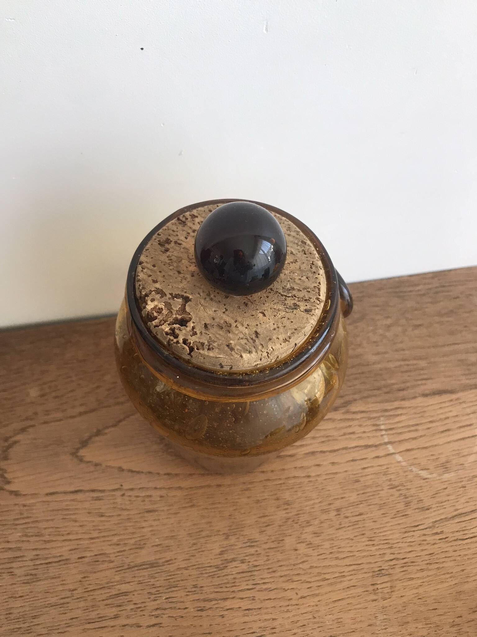 Handmade jar in blown bubbled glass Biot amber