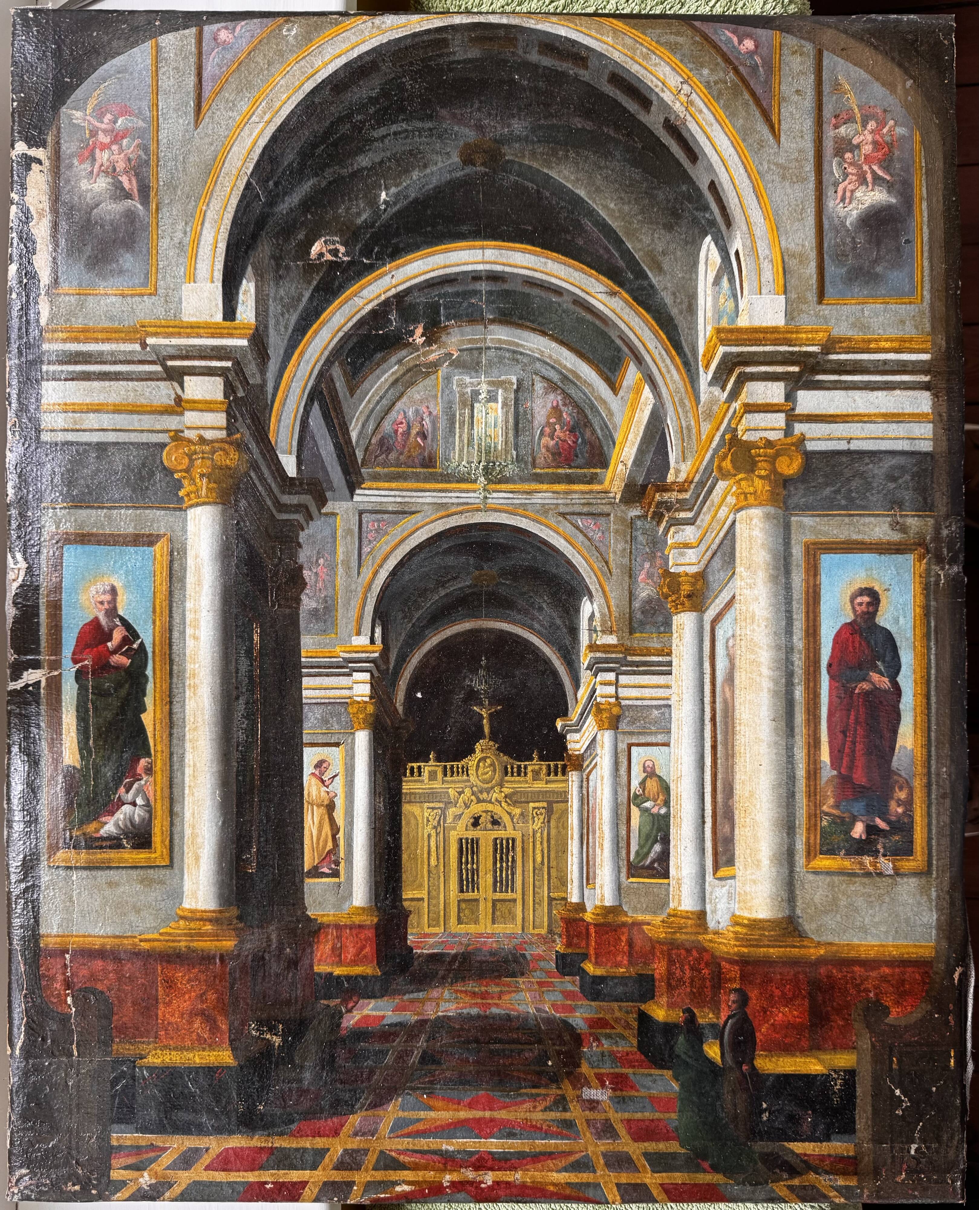 Interieur d'eglise - tableau italien  du milieu du XIXe siecle