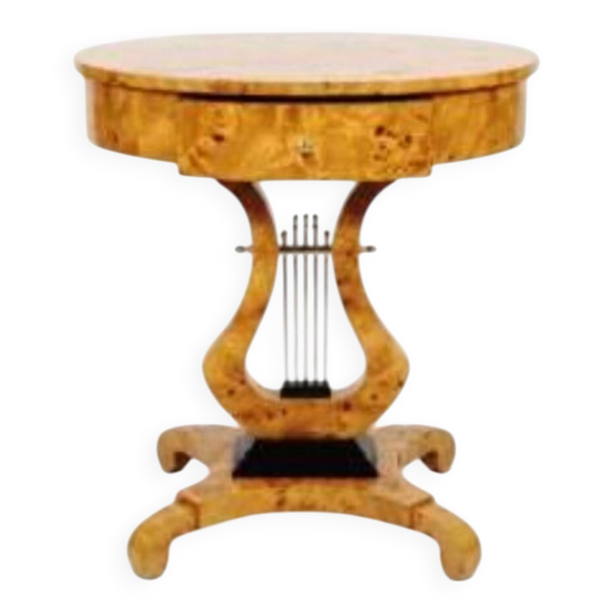 Guéridon rond Empire en bois de hêtre & loupe d'orme, 1 tiroir