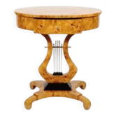 Guéridon rond Empire en bois de hêtre & loupe d'orme, 1 tiroir