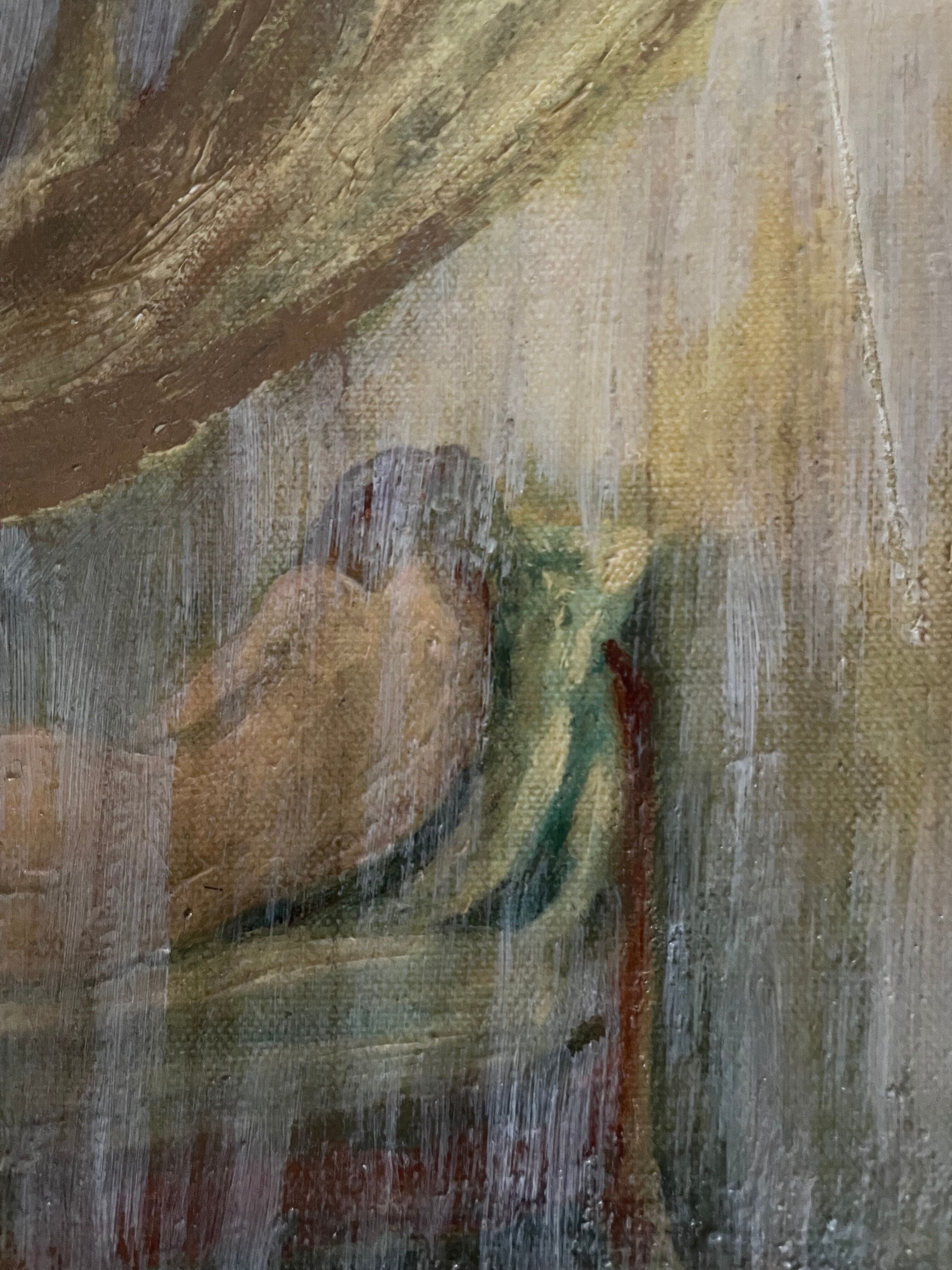 Oil on canvas signed female nude the curtain