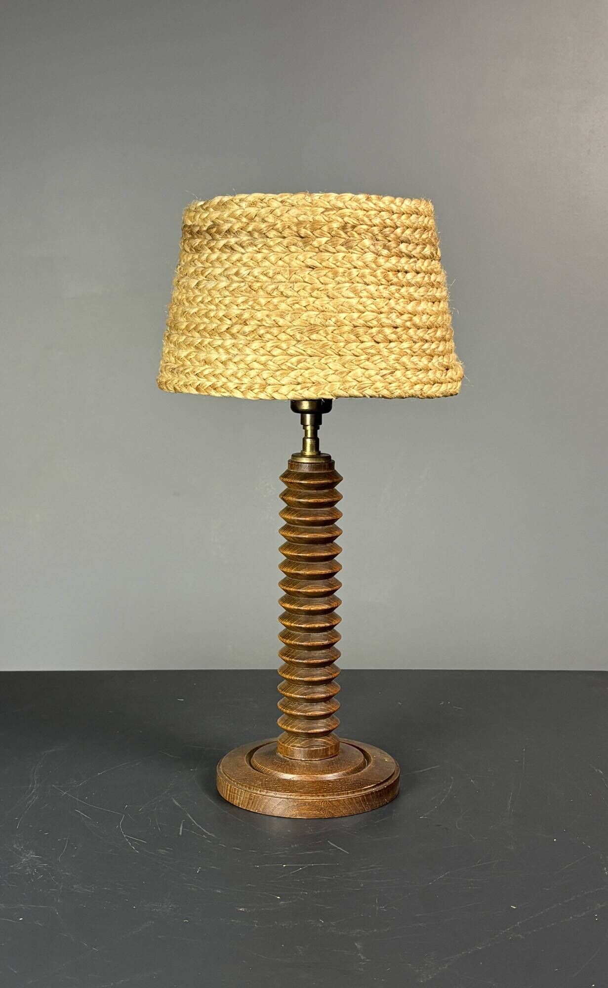 Midcentury French brutalist wood turned table lamp, Charles Dudouyt style