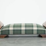 Antique daybed reupholstered with sheepskin and Scottish tartan wool