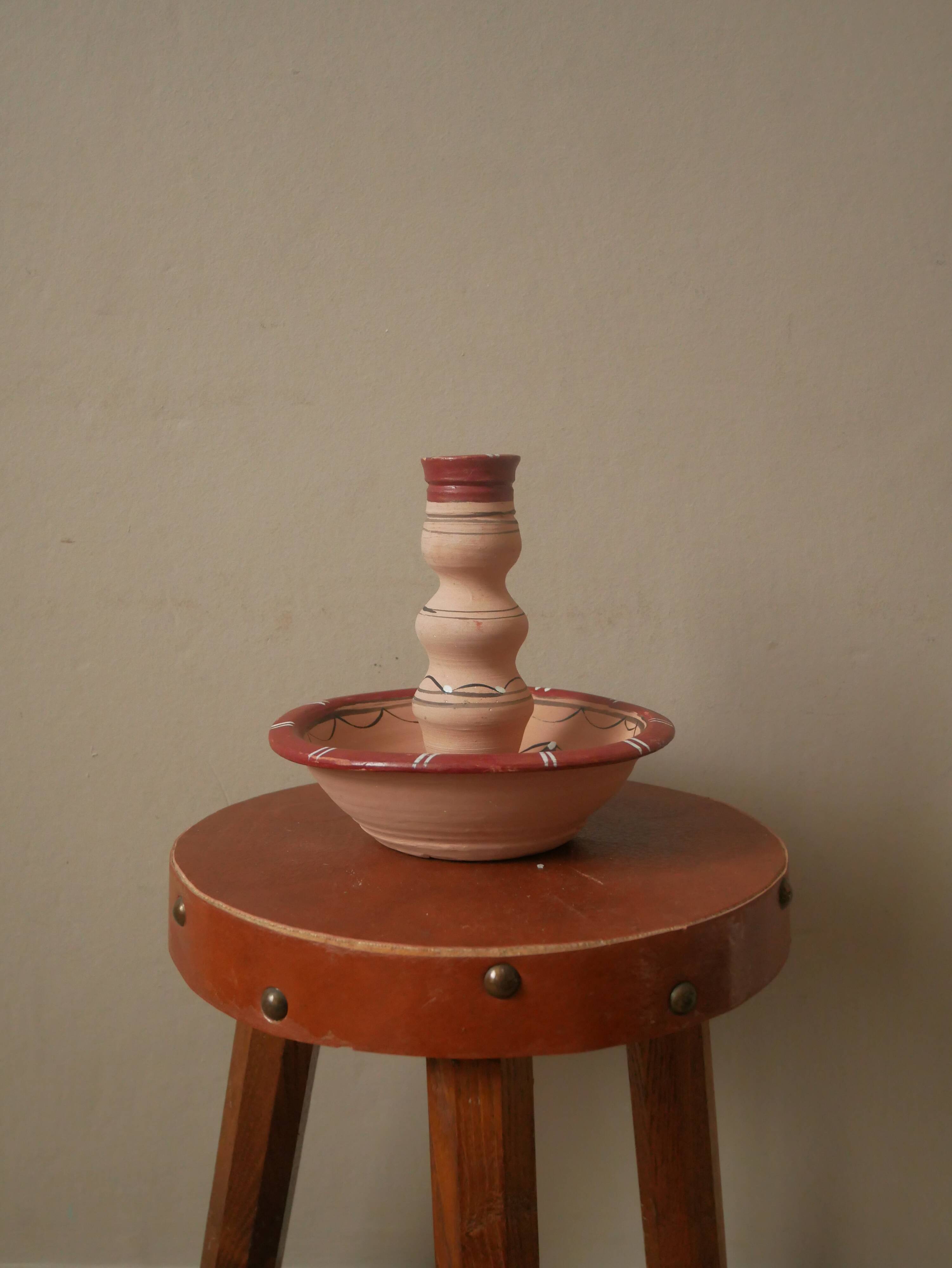 Hand-painted terracotta candle holder artisanal North African ethnic tribal design