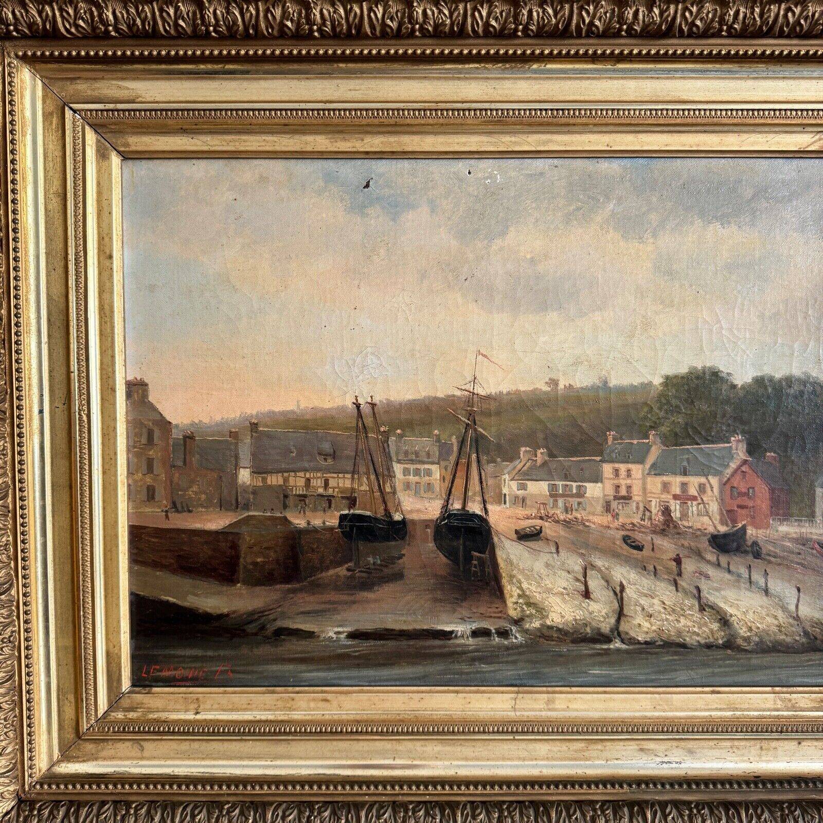 Oil on canvas by F. Lemoine the port of Nantes late 19th century stucco frame